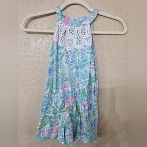 Lilly Pulitzer Girls Pink and Blue Floral Romper With Lace Detail